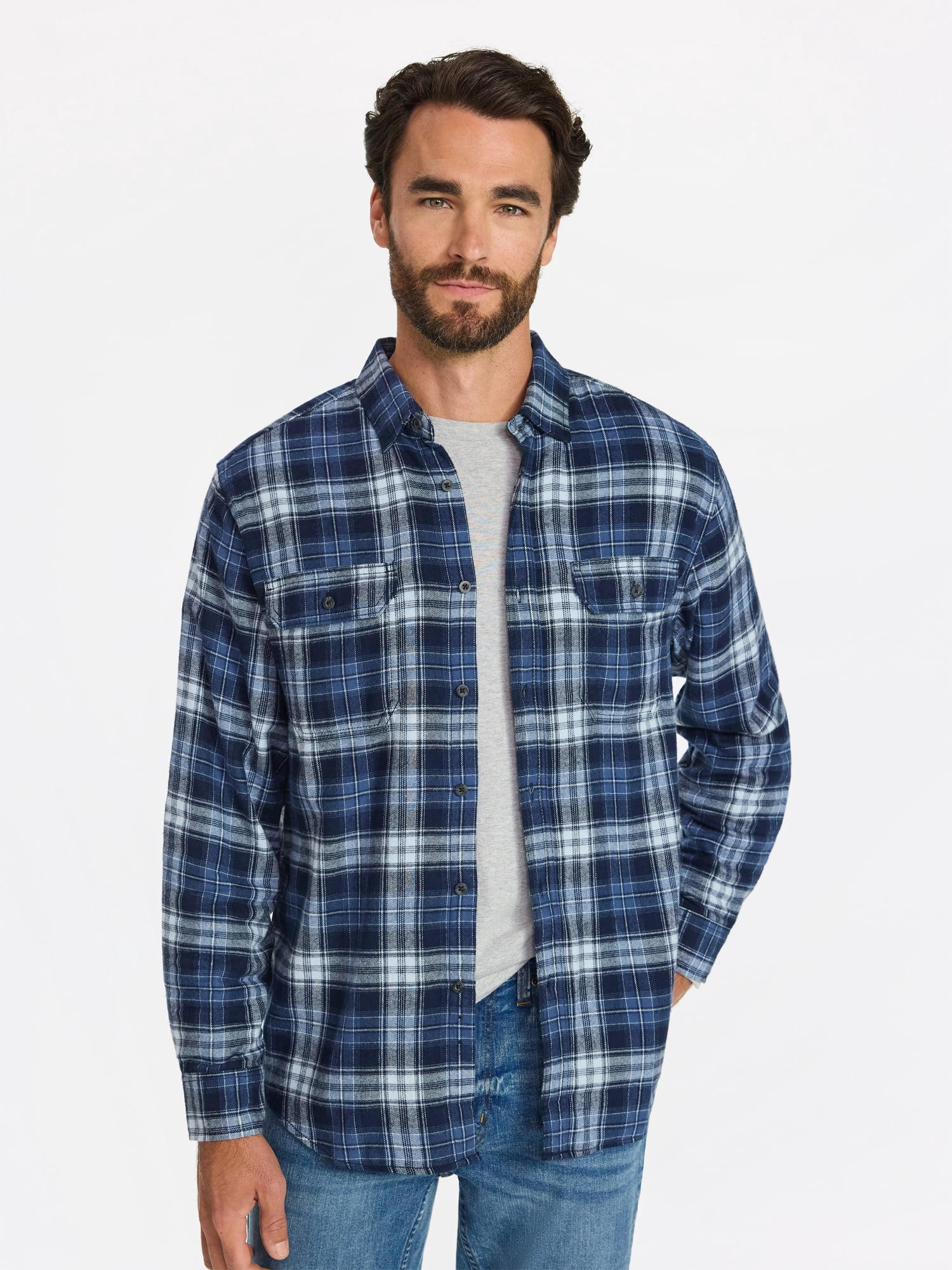 George Men's Double Pocket Flannel Shirt, 2 Pack, Sizes XS-3XLT