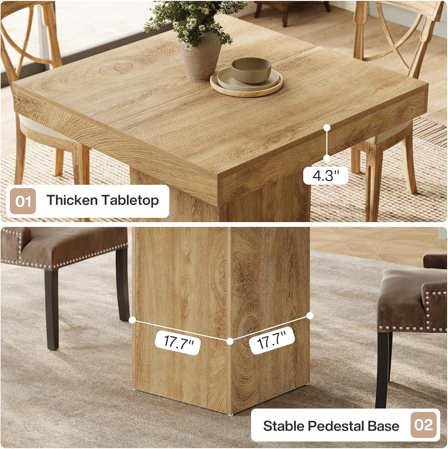 Tribesigns 39" Square Dining Table for 4, Farmhouse Small Kitchen Table for Dining Room, Natural