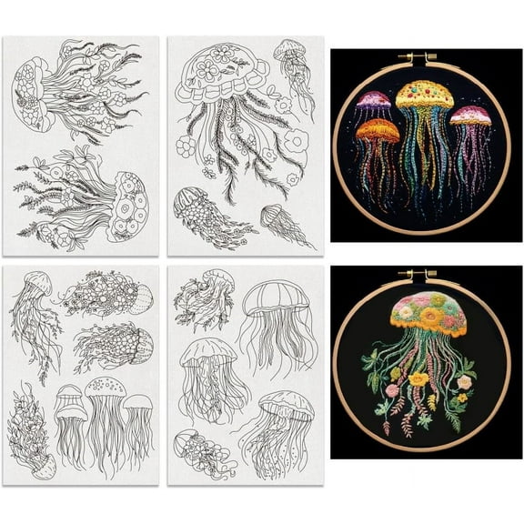 4 Sheets 16 Pcs Jellyfish Water Soluble Embroidery Pattern Stick and Stitch Embroidery Paper Wash Away Designs Embroidery Starter for Beginners DIY Craft Sewing Embroidery 1 Set