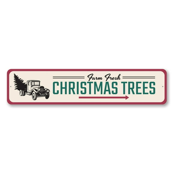 Farm Fresh Christmas Trees Sign, Holiday Aluminum Metal Decor Sign - 4x18 inches