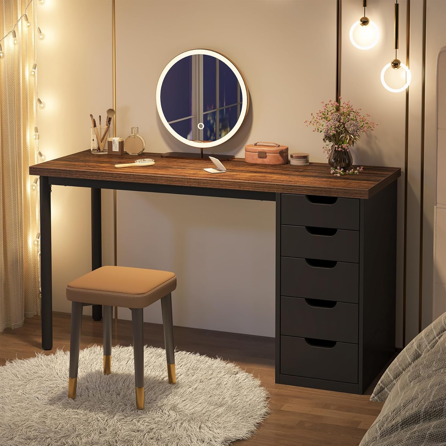 Tribesigns Computer Desk with 5 Drawers, 47 inches Rustic Brown Home Office Desk with Storage