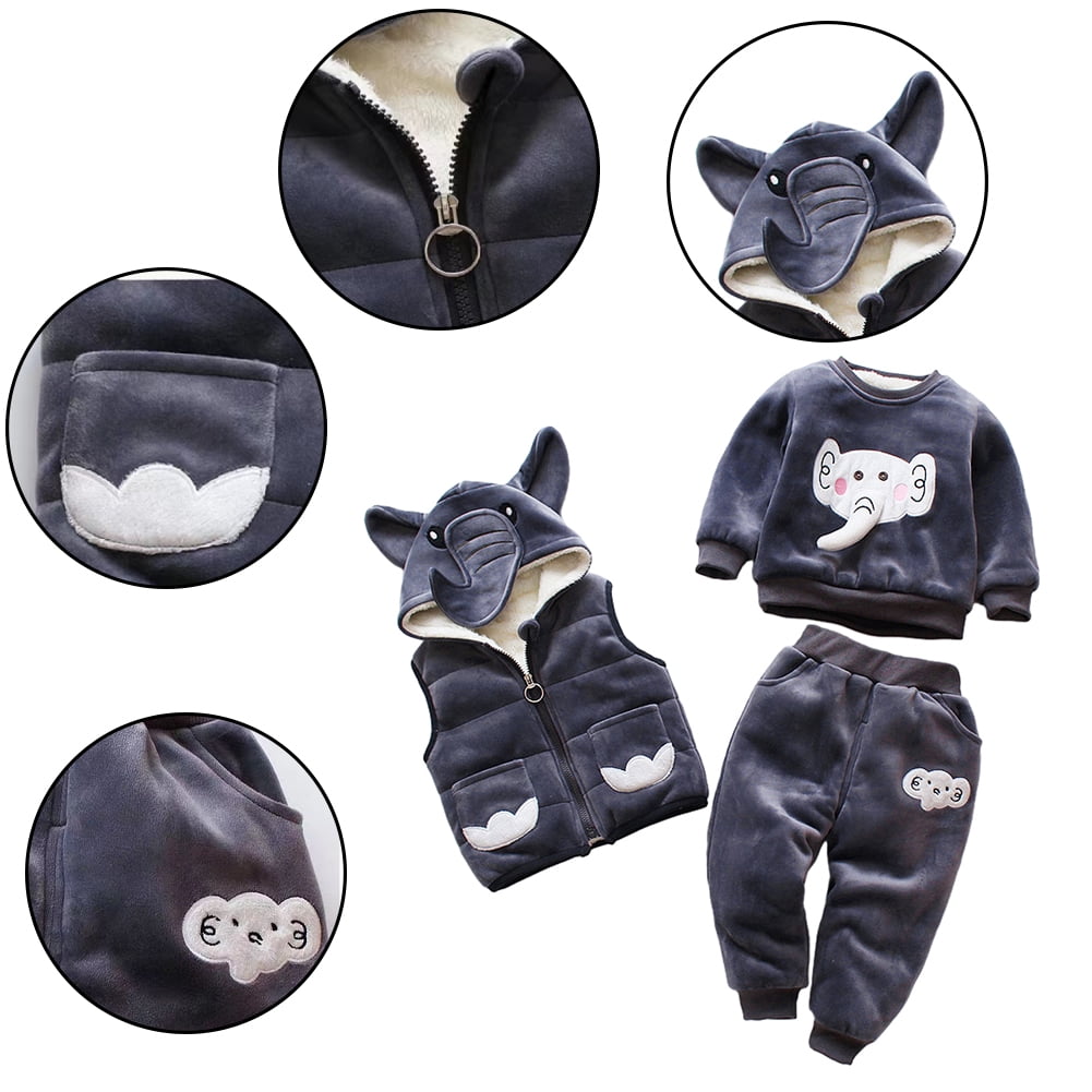 Esaierr 1-5Y Baby Boys Girls Sweatshirt Outfits Double-Sided Velvet Fall Winter Clothing Set Toddler Cartoon Elephant Three-Piece Set