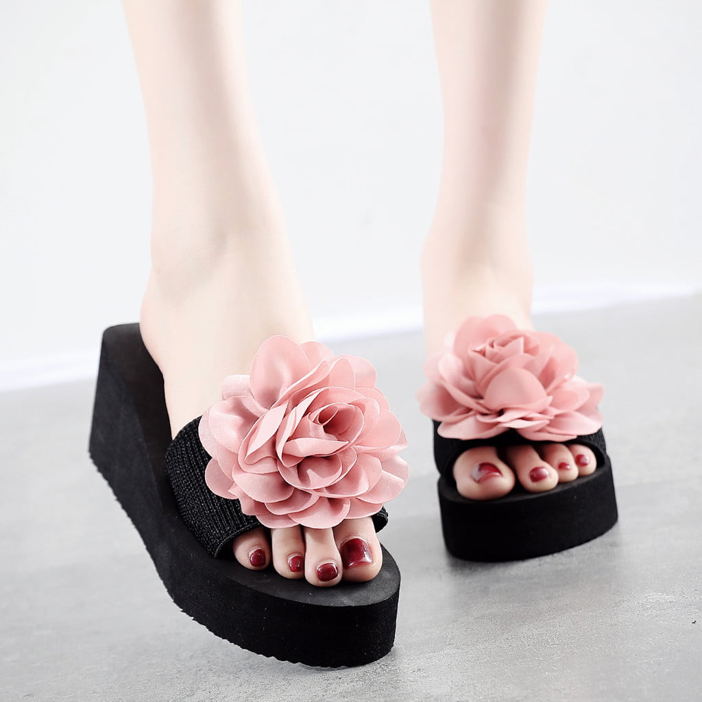 Odema Womens Bohemian Flat Sandals Elastic Slip On Flower Rhinestone Flip Flop Shoes Pink