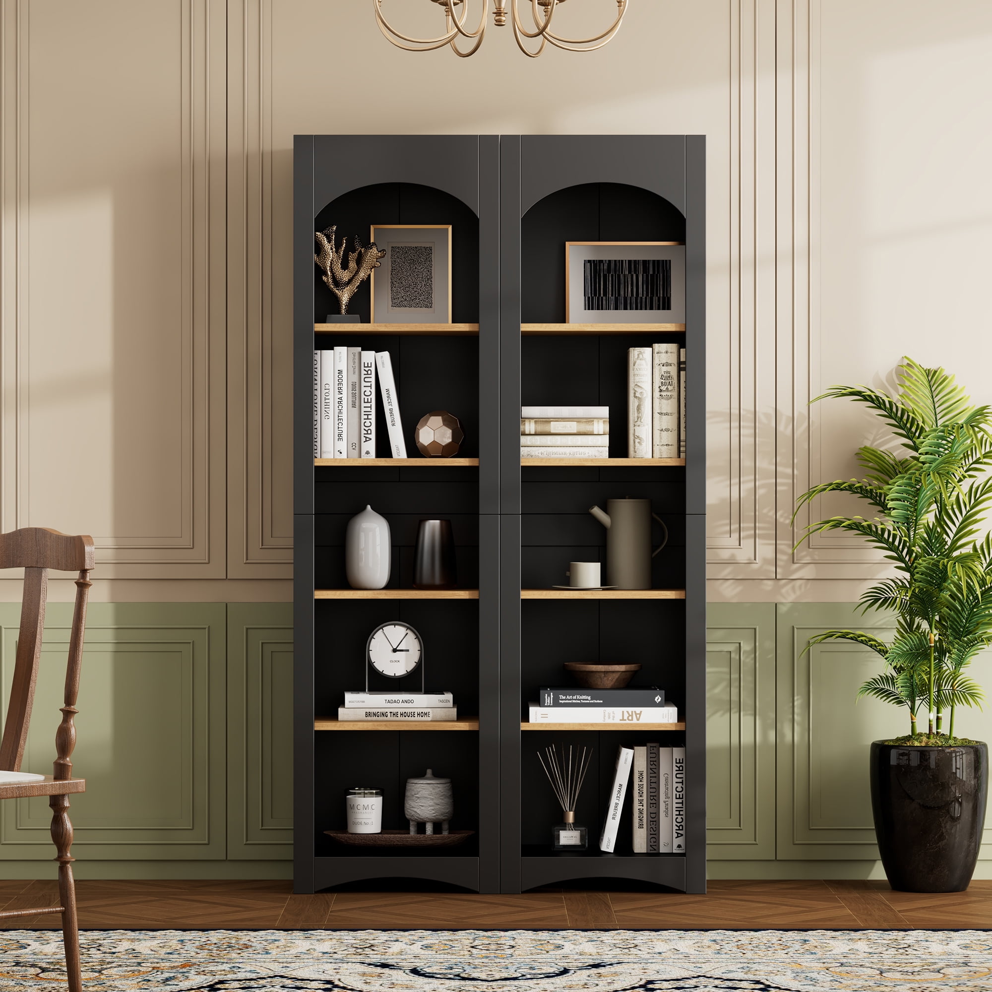 Euroco Modern 72"H Kitchen Pantry Cabinet，Free Standing 5 Tier Bookshelves, Bookcases Set of 2, Farmhouse Two-Tone Storage Cabinet with Adjustable Shelves，Black