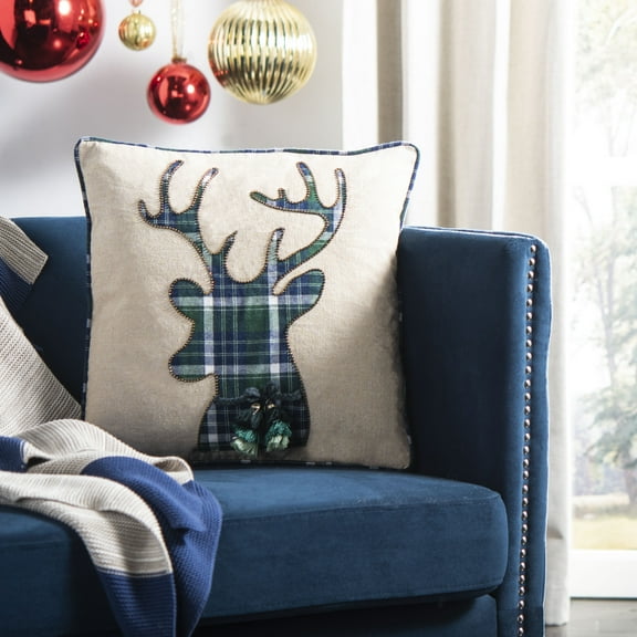 SAFAVIEH Blitz Christmas Plaid Reindeer 18" x 18" Holiday Pillow, Beige/Green