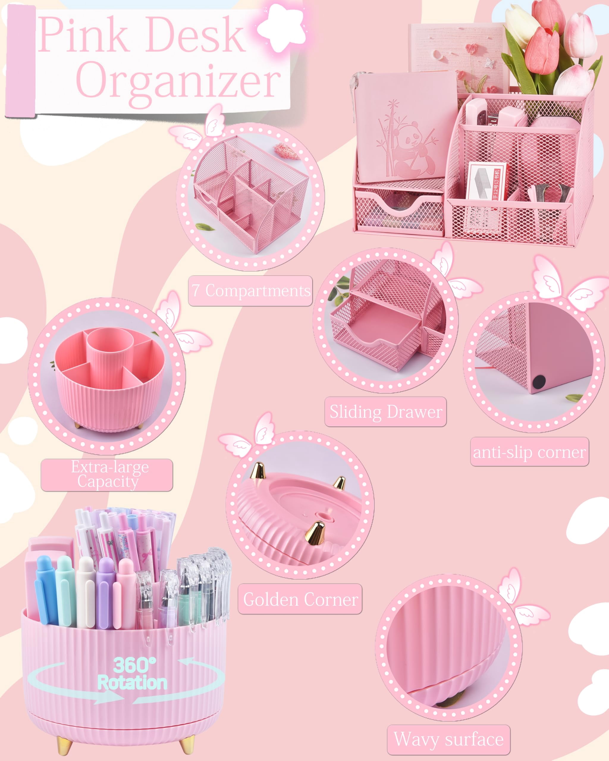 Pink Desk Accessories And Organizers With Organizer 360°rotating Pen Holder Stapler A Lot Of Office Supplies Beautifully Presented In Gift Box
