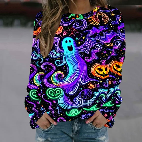 Inverlee Halloween Shirts Women Plus Size Pumpkin Ghost Graphic Tees Loose Fit Round Neck T-shirt Long Sleeve Tunic Blouse Tops Halloween Party Supplies