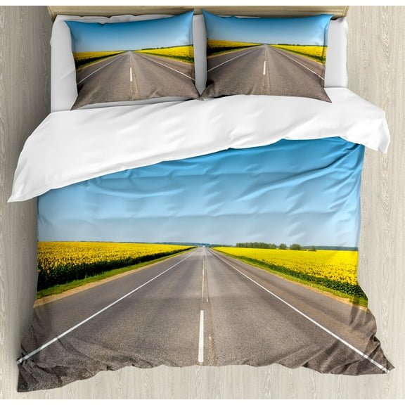 Yellow and Blue Duvet Cover Set, Roadme Highway with Sunflower Field Backdrop Nature Panorama, Decorative 3 Piece Bedding Set with 2 Pillow Shams, Calking Size, Grey Sky Blue, by Ambesonne