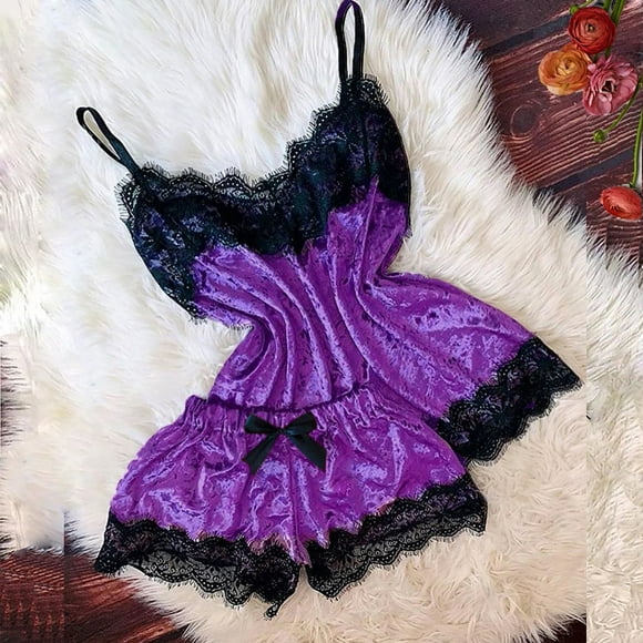 Zjloe7sa Women's Lingerie Set New Women Lingerie Camisole Bow Shorts V-Neck Tops Velvet Pajamas Sleepwear Purple