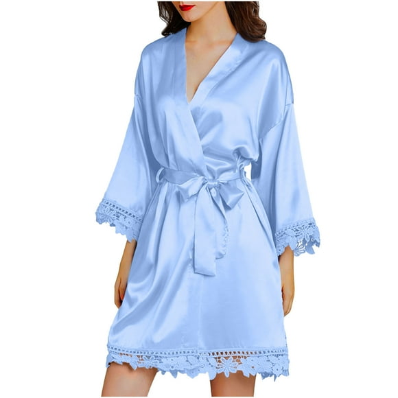 Lovskoo 2024 Robes for Women Bathrobe Lace-Trim Silk Robes Casual Soft Bride Bridesmaid Kimono Satin Bathrobe V Neck Sleepwear With 3/4 Sleeve Homewear Sleepwear Loungewear Pajamas Light Blue