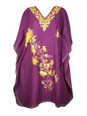 Mogul Women Purple Floral Embroidery Mid Length Caftan Dress V-Neck Kimono Resort Wear Cover Up Kaftan Dresses 2XL