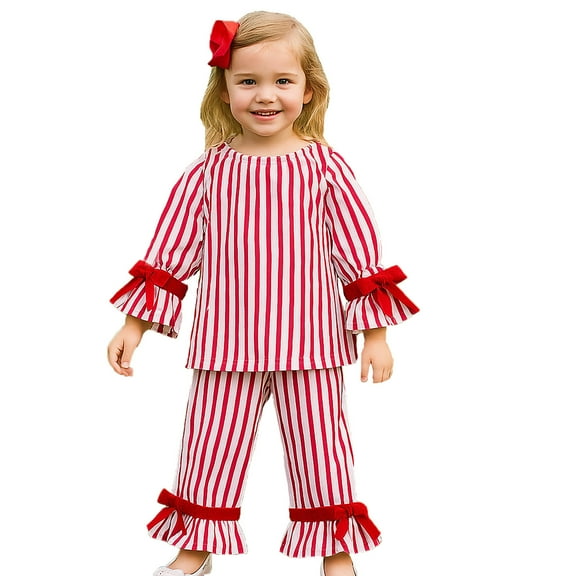 Little Girls Long Sleeve Pajama Two Piece Outfit Sets Striped Sleepwear Home