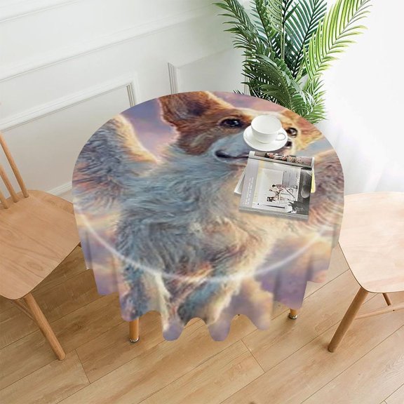 RKSupls 60 Inch Round Tablecloth, Flying Corgi Clouds Premium Polyester Straight Edge Wrinkle Resistant Washable Table Cover for Party Home Dining Decor