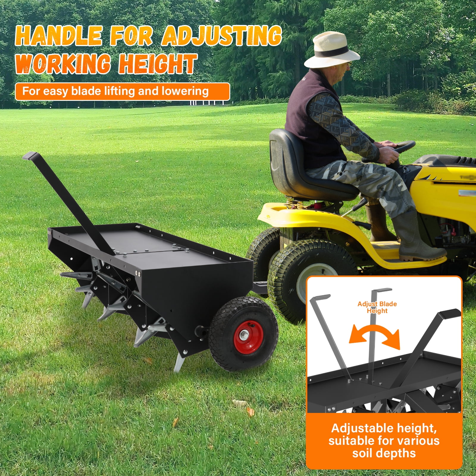 48-Inch Tow Behind Lawn Plug Aerator with Universal Hitch, 30 Galvanized Steel Tines, Weight Tray & Inflatable Wheels for Gardens, Lawns, Farms