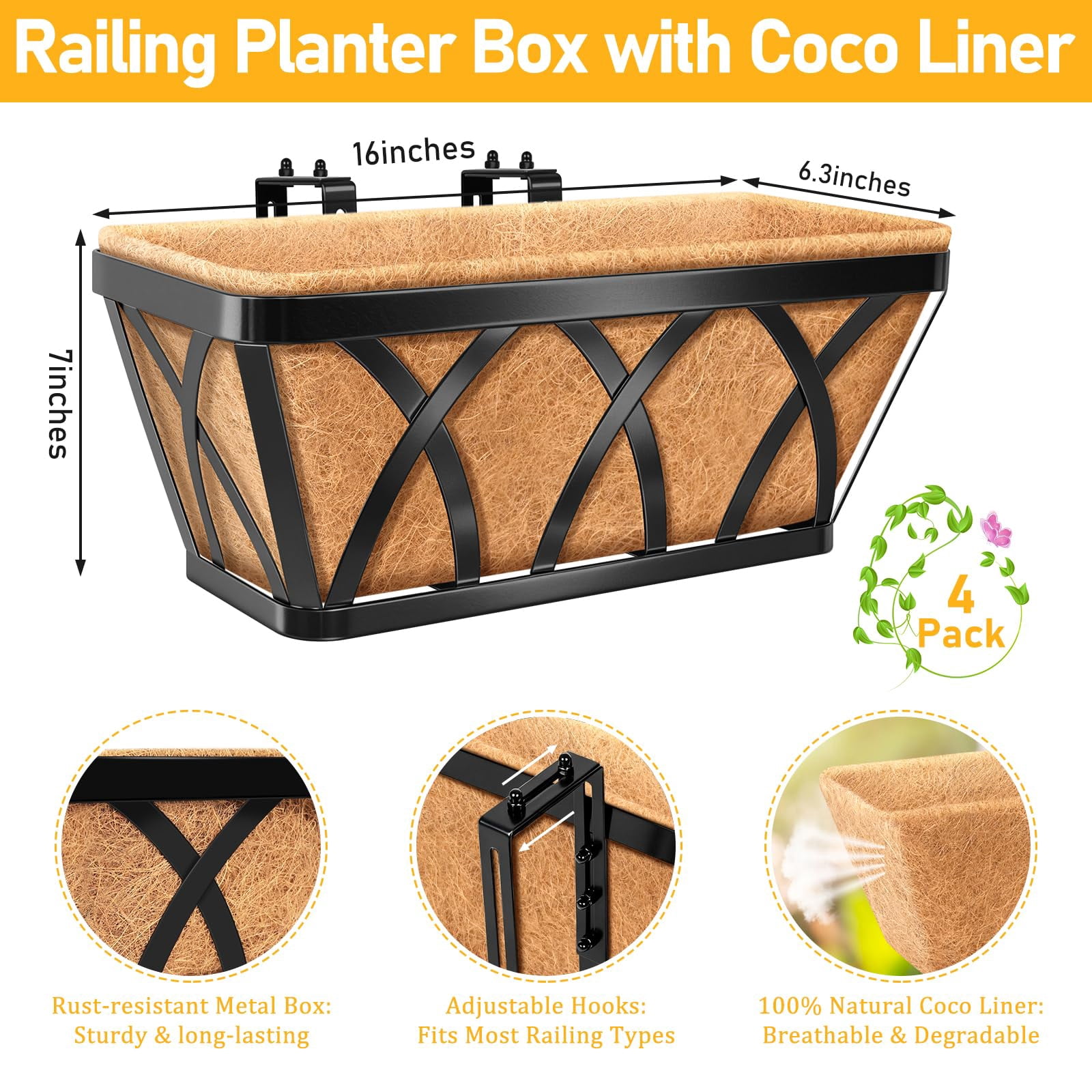 4 16inch Metal Railing Window Box Planter with Coco Liner