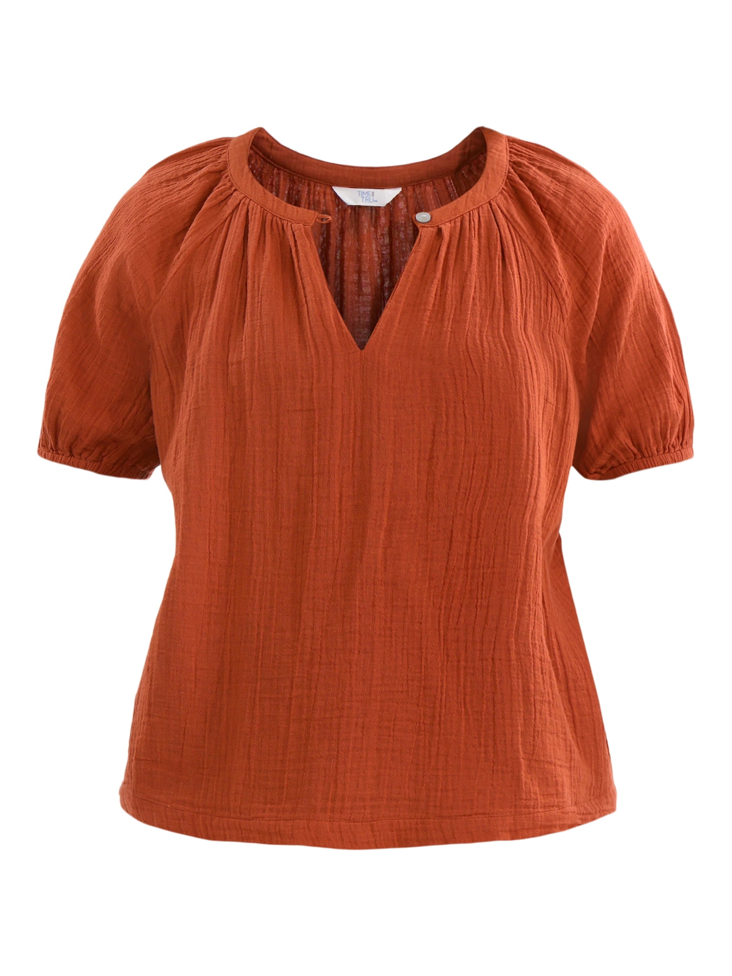 Time and Tru Women's Double Cloth Cotton Top with Short Sleeves, Sizes XS-XXXL