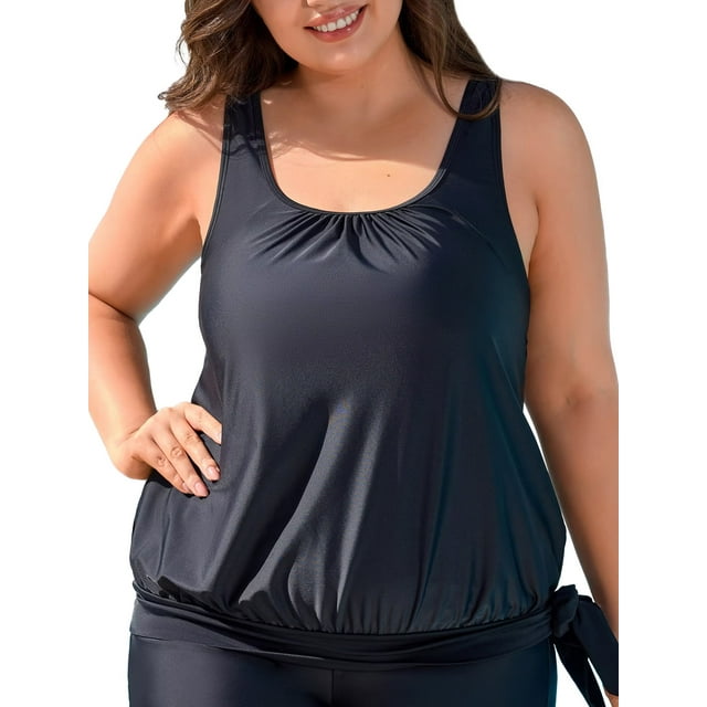 Charmo Plus Size Tankini Tops for Womens Ruched Front Swim Tops Tummy Control Bathing Suit Tops Built-in Bra(No Bottom)