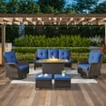 thumbnail image 2 of OPOHORO 6 Pieces Outdoor Conversation Set with 41" Rectangular Fire Pit Table, Brown Rattan Furniture Set with Patio Couch, Swivel Chairs and Ottomans, for Garden Lawn Balcony, Blue Cushion, 2 of 21