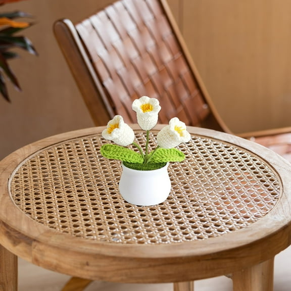 Blukids Knitting Crochet Desk Gift Lily of The Valley Flowers Potted Plants for Wife, Girlfriend and Women, Handmade Flowers for Home Car Decor(White)