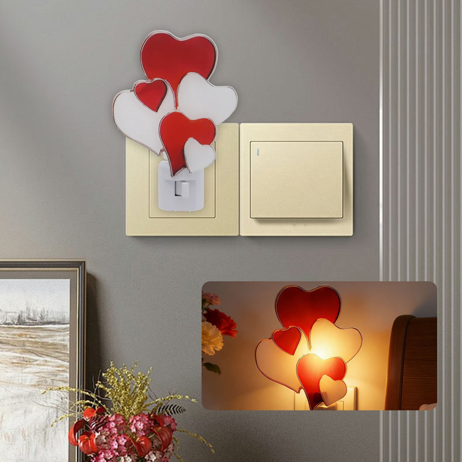 BRELIL 4Pcs Stained Glass Heart Night Light, Plug In Wall Nightlight For Valentine's Day Decorations, Holiday Home Decor For Spring Easter Mother's Day, 6 Inch Bedroom Living Room Accent Lamp