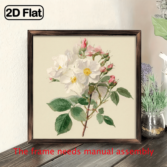 Vintage White Rose Wood Wall Plaque - 8x8 Inch Sign with Green Foliage Pink Accent Flowers, DesktopTabletop or Hanging Decoration for Home, Wedding, Housewarming Gift - Durable Wood Grain Bo