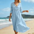 thumbnail image 4 of Bysome Women Dresses Solid Color 3/4 Sleeve V-Neck Flowy Dress Summer Comfortable Women Dress Size L Blue, 4 of 8
