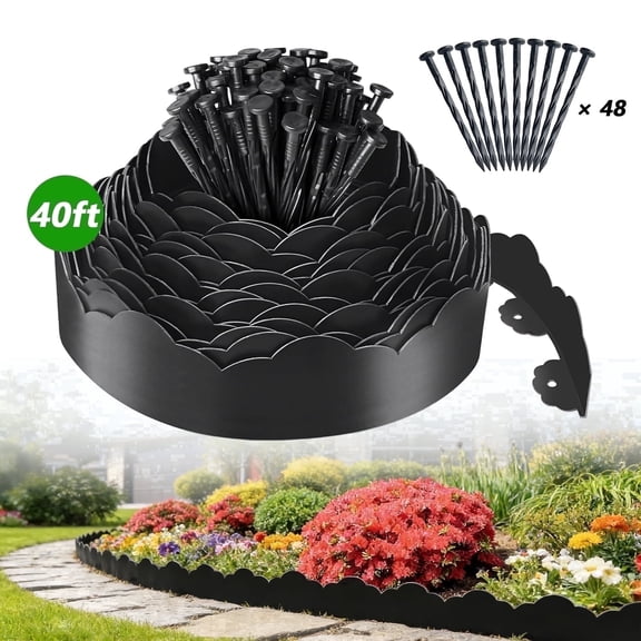 40FT Garden Edging, Heavy‑Duty Landscape Edging Border Kit with Elegant Cloud Design and 48 Anchoring Pegs, Paver Edging for Gardens, Lawn, Black