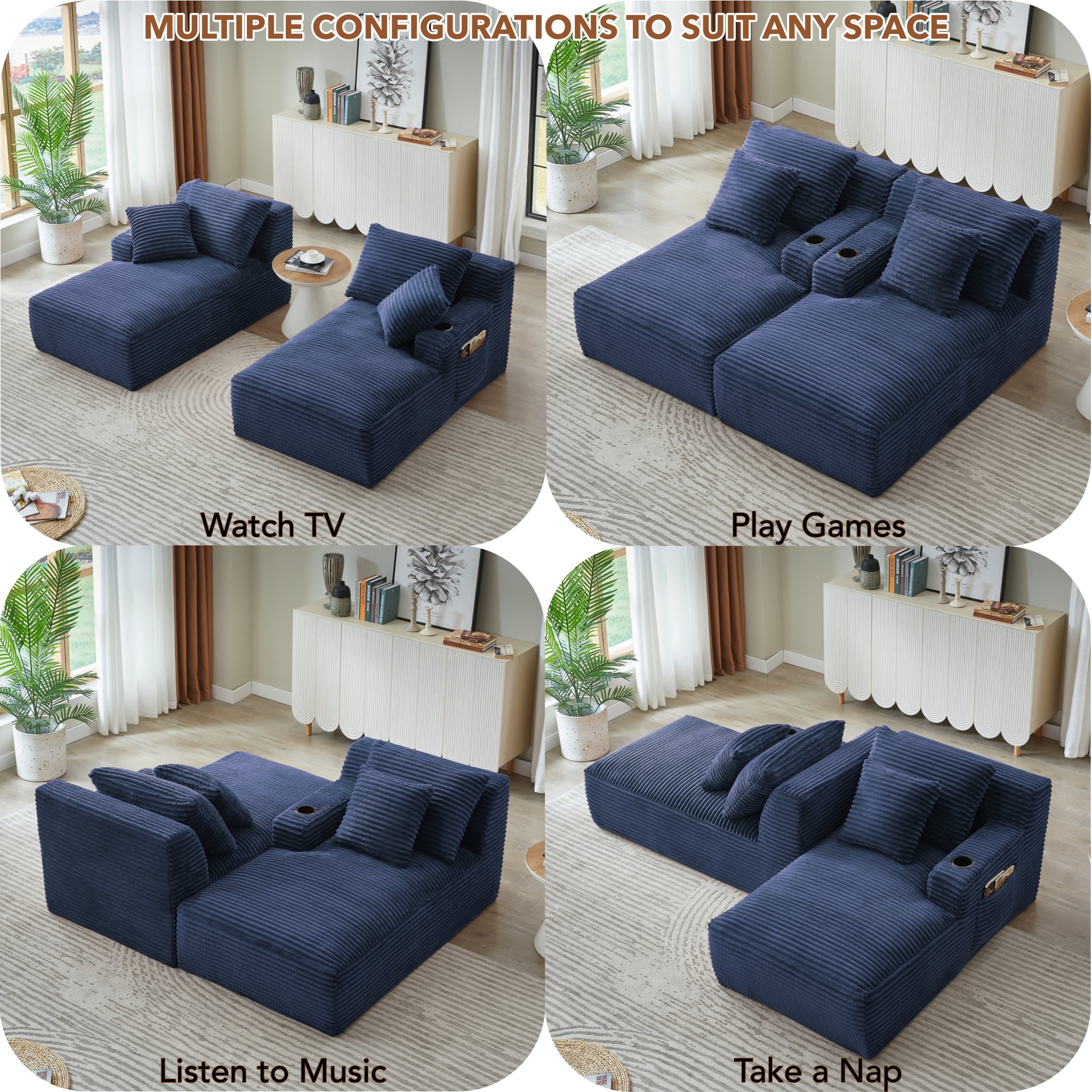 Modular Double Chaise Lounge Chair Indoor, 71" Wide Striped Corduroy Couch Set with Cup Holders & Storage Pockets for Living Room Home Theater, Blue