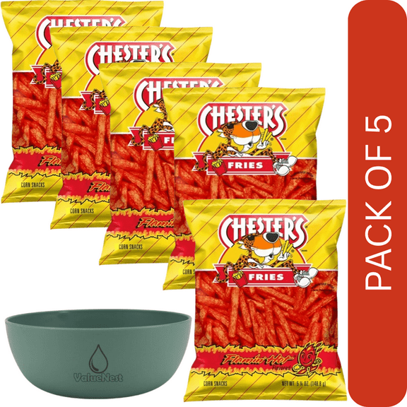 5 Pack Of Chester's Flamin' Hot Fries, Spicy Corn Snacks, 5.25 oz Bag, With Olive Green Bowl By ValueNest