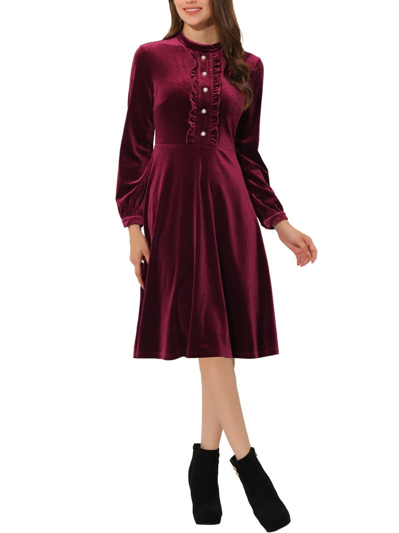 red velvet flare dress MJV1316 Long Sleeve Red Velvet Fit & Flare Dress main image 0