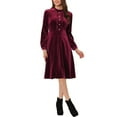 thumbnail image 2 of INSPIRE CHIC Women's Velvet Dress Mock Neck Button Front Ruffle Vintage Flare Dresses XL Burgundy, 2 of 6