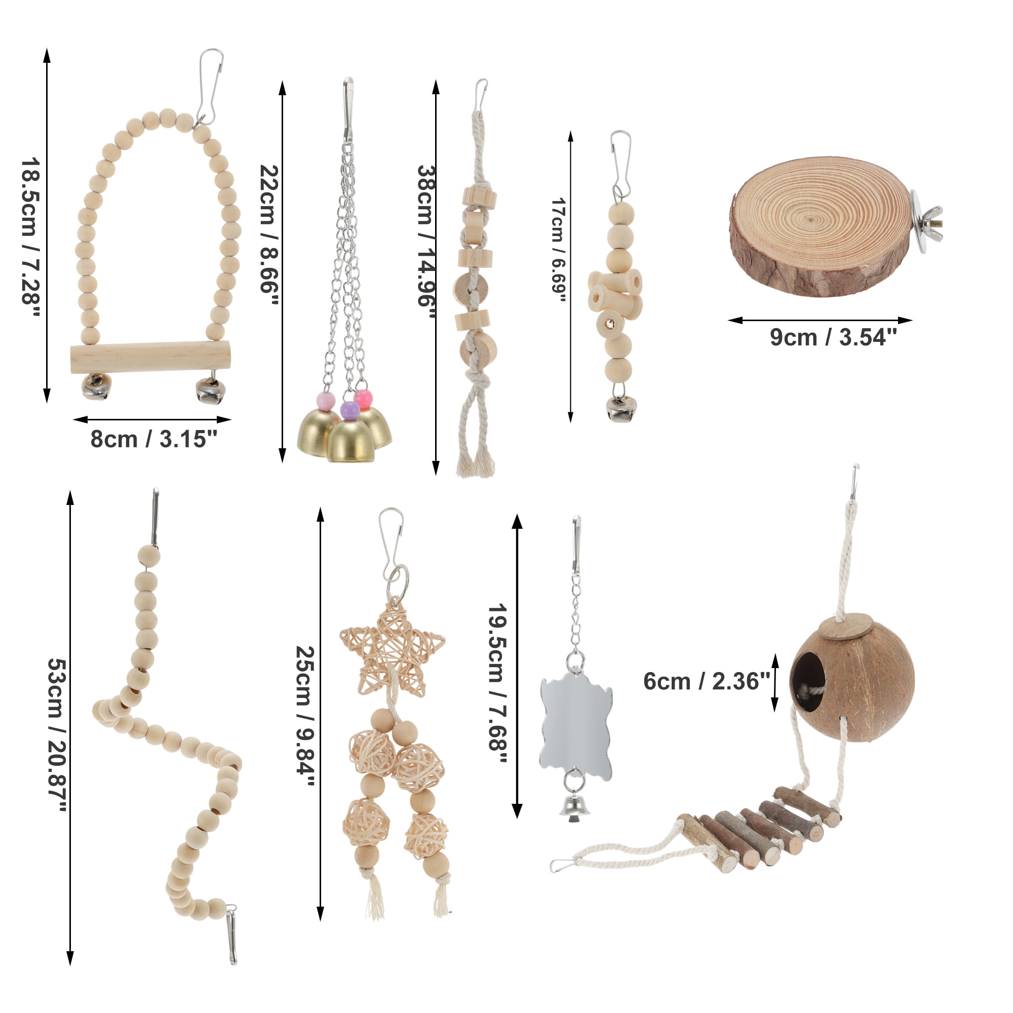 Unique Bargains 9pcs Cockatiel Toys Interactive Bird Toy Parrot Toys Parrots Chewing Wood and Rope Bird Cage Accessories for Parakeets Cockatiel Wood Color