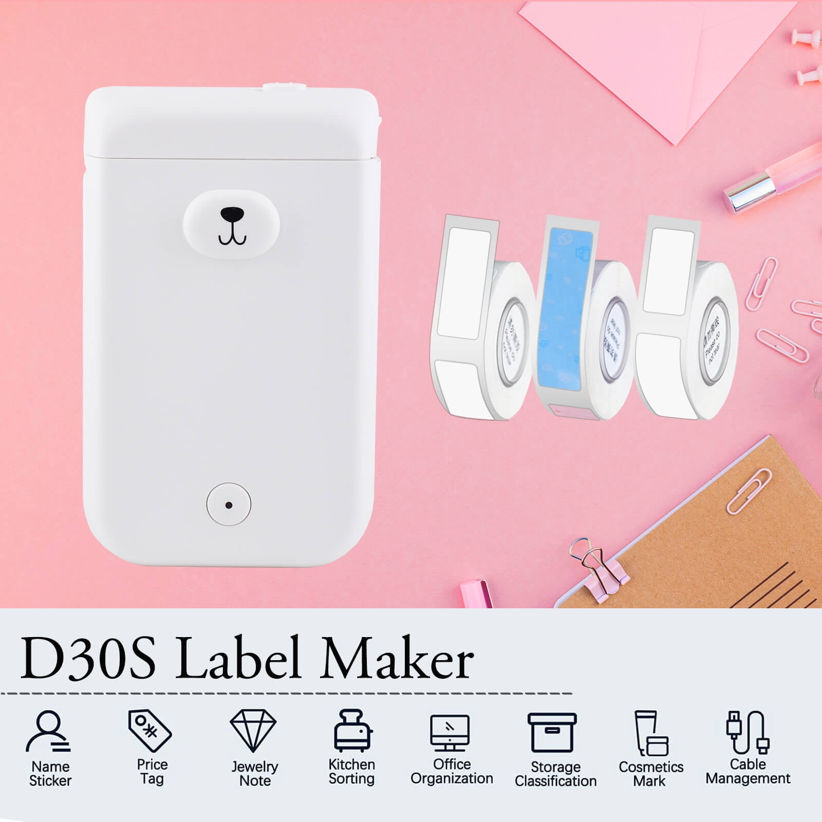 GREENCYCLE D30S White Portable Mini Portable Label Maker- with 3 Roll 12/14mm Width Thermal Label Paper Wireless Bluetooth Label Printer App Control Easy to use for Home Office School Organization