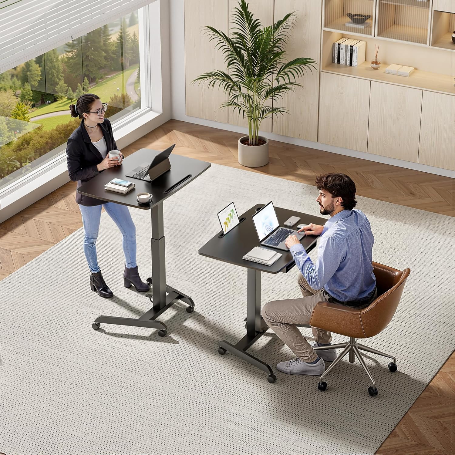 Standing Rolling Desk- 31.5' X 22' Extend Sanding Desk for Classroom, Height Adjsutable up to 44.3' Mobile Laptop Table with Wheels, Moveable Laptop Cart, Teacher Podium with Drawer, Black
