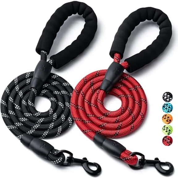 Eryueer 2 Pack Dog Leash, 4/5//6 FT Heavy Duty Nylon Rope Pet Leashes with Comfortable Padded Handle, Reflective Dog Leashes for Small Medium and Large Dogs (5FT-3/8,Black/Red)