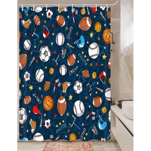 Sports Shower Curtain for Kids Children Teens (47X64inch) Basketball Football Baseball Hockey Star Blue Shower Curtain Sports Bathroom Decor, Fabric Baseball Shower Curtain Set with Hooks Dark Blue