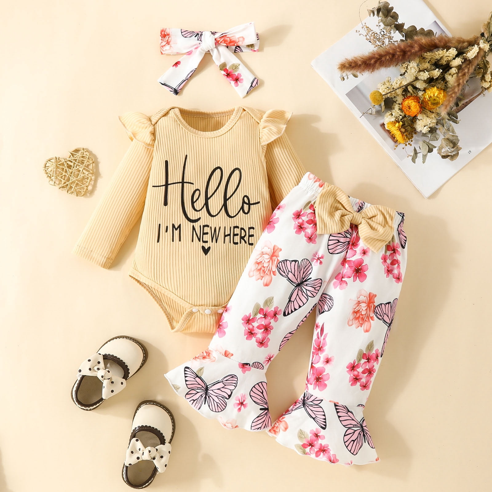 Povozer Baby Girl Clothes Long Sleeve Fall Winter Newborn Baby Girl Clothes Infant Outfits Ruffle Sleeve Romper Bodysuit Floral Pants Toddler Girl Outfits for 3-6 Months,White