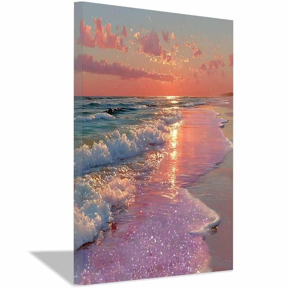 Glitter Pink Sunset Beach Canvas Wall Art,Sparkling Ocean Wave Prints Painting,Minimalist Aesthetic Decor for Living Room Bedroom Bathroom Home Decor,Framed Ready to Hang-12"L x 8"W