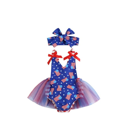 

Baby Independence Day Romper 2pcs Star Flag Print V-Neck Sleeveless Dress Hairband