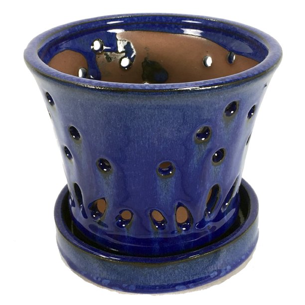 Round Ceramic Orchid Pot/Saucer 5.1" - Cobalt Blue ...