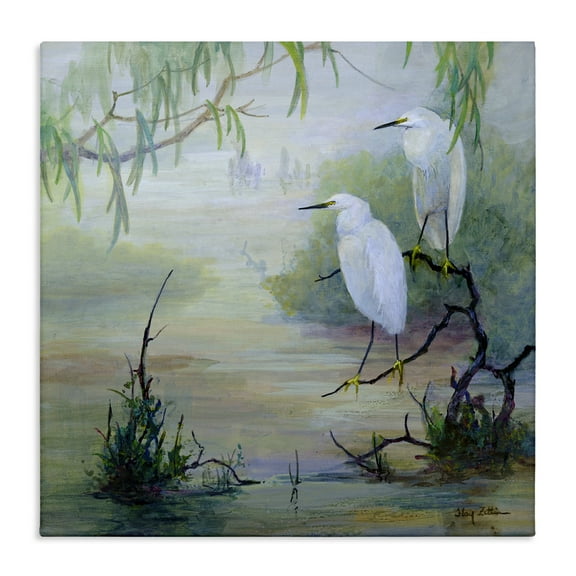 Stupell Industries Egrets & Marshland Edge Birds Painting Wrapped Canvas Art Print Wall Art, 17 x 17