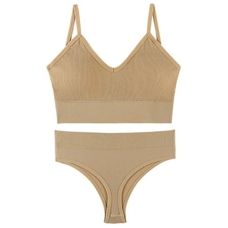 

Women Wheel-Free Bra and Thong Set Rib Underwear High Cut Panties