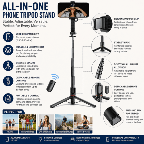 Selfie Stick Tripod for iPhone, Extendable Phone Stand with 360Β° Rotation & Wireless Remote for Recording, Travel & Live Streaming