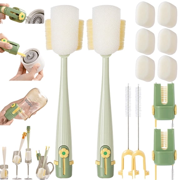 5-in-1 Bottle Cleaning Brush Set, Multifunctional Portable Water Bottle & Cup Cleaner with Long Handle, Hard Bristle Gap Brush and Lid Brush for Travel Mugs, Bottles & Kitchen Use (2PCS, Green)