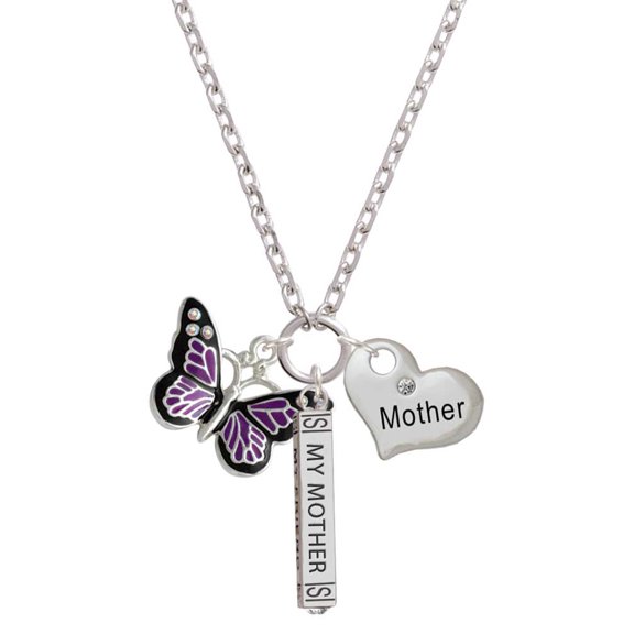 Delight Jewelry Silvertone Large Purple Butterfly with 6 AB Crystals Always My Mother Bar Zoe Necklace