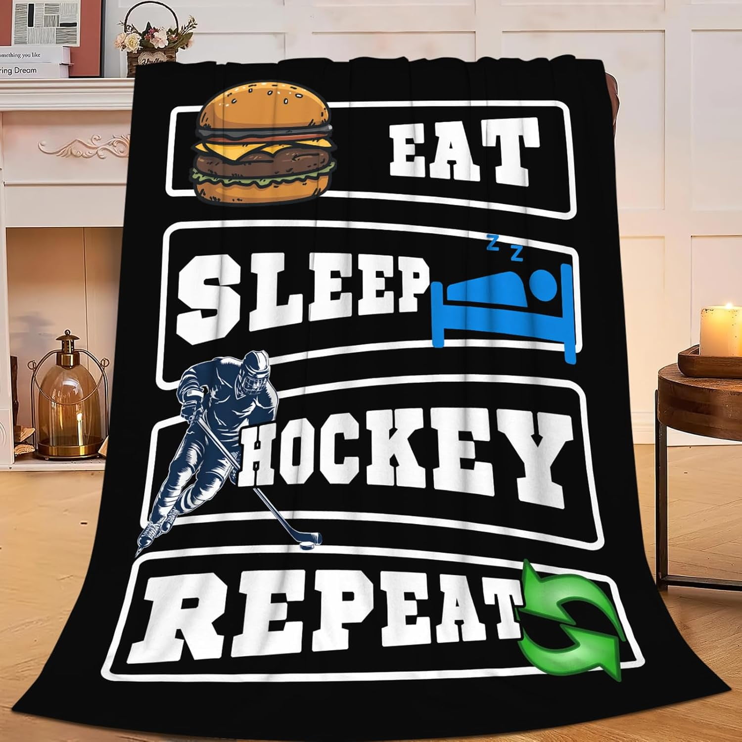 Ice Hockey Blanket for Boys Girls Flannel Eat Sleep Hockey Throw Blanket Ultra Soft Cozy Fleece Sports Decor Blankets Gift for Womens Mens Couch Sofa Bed 50" x 40"