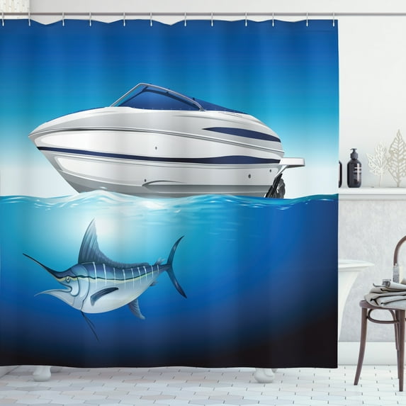 Ambesonne Fishing Theme Shower Curtain, Boat and Sword Fish, 69"Wx75"L, Sea Blue and Pale Grey
