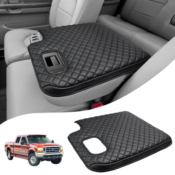 KBH Center Console Cover for 1999-2001 Ford F250 F350 F450 Super Duty with Jump Seat Console, Black Leather Armrest Cushion Pad for F250 Accessories