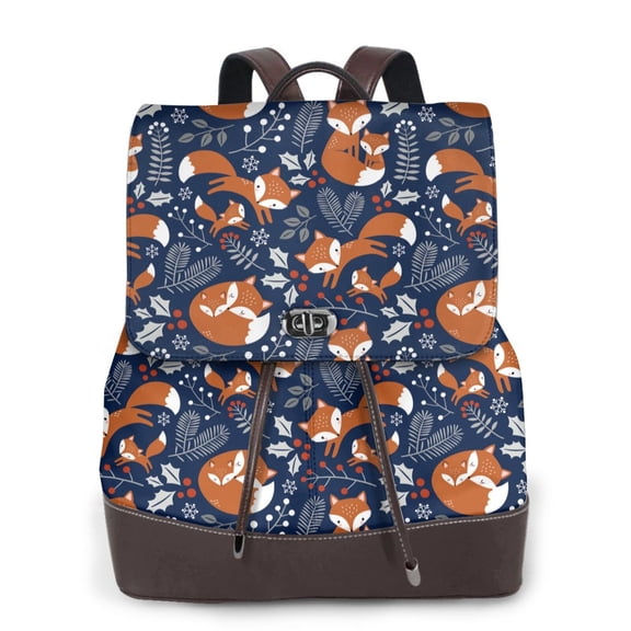 Xecao Cute Foxes Print Large Backpack Soft Leather for Women Travel with Compartment, Adjustable Convertible Strap