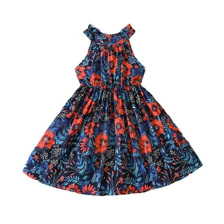 

Girls Dresses Sleeveless Ethnic Style Floral Prints Princess Dress Round Neck Vest Skirt